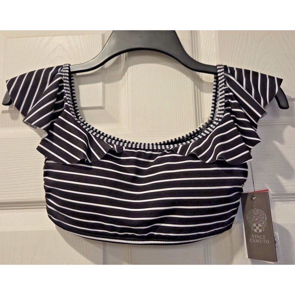 VINCE CAMUTO Women's Black & White Striped Bikini Top Ruffle Straps Size XS NWT